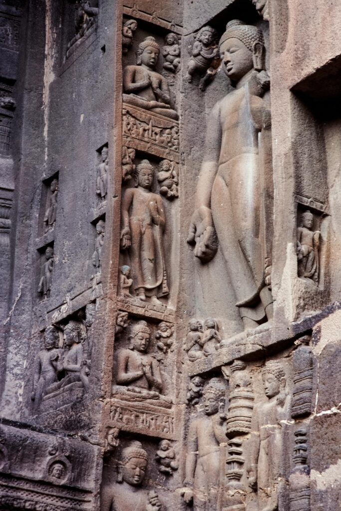 Detailed carvings on ancient Indian temple walls showcasing cultural heritage.
